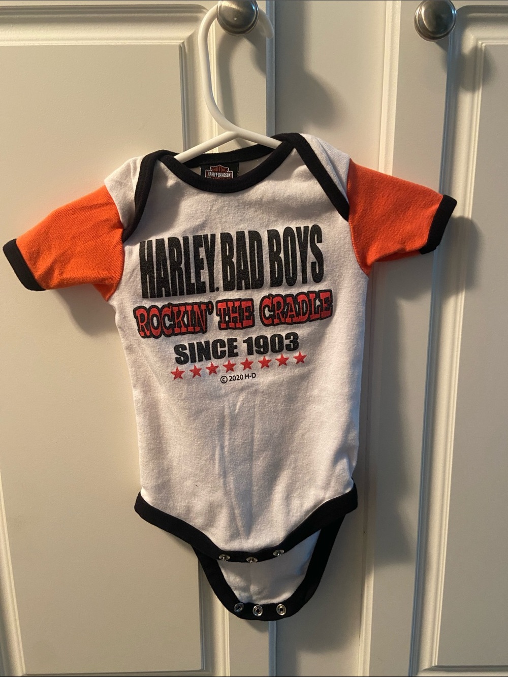 Harley-Davidson White, Orange & Black 'Bad Boys' Infant One-Piece